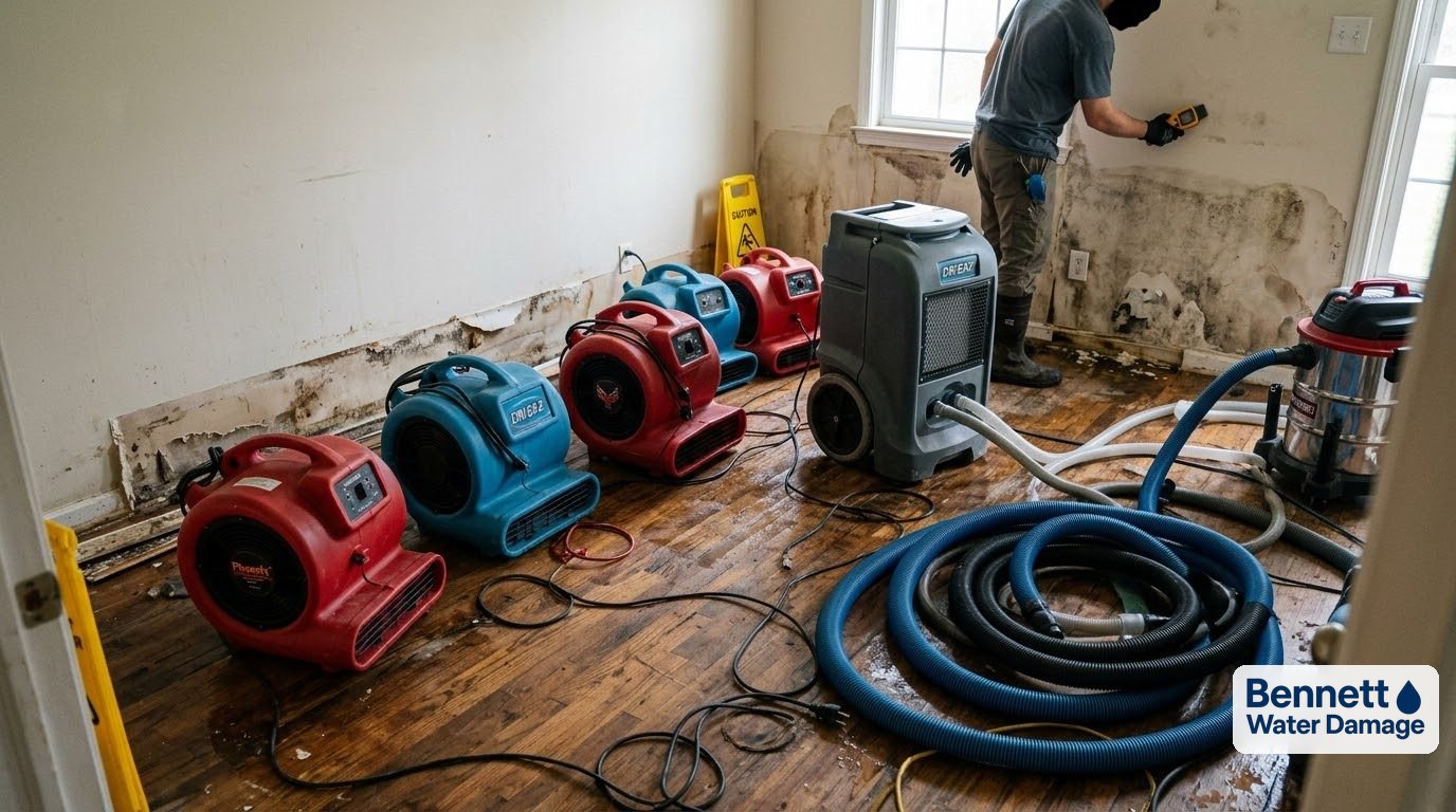 Air movers, a dehumidifier and hoses drying a room with cut-out drywall – Water damage restoration in Denver
