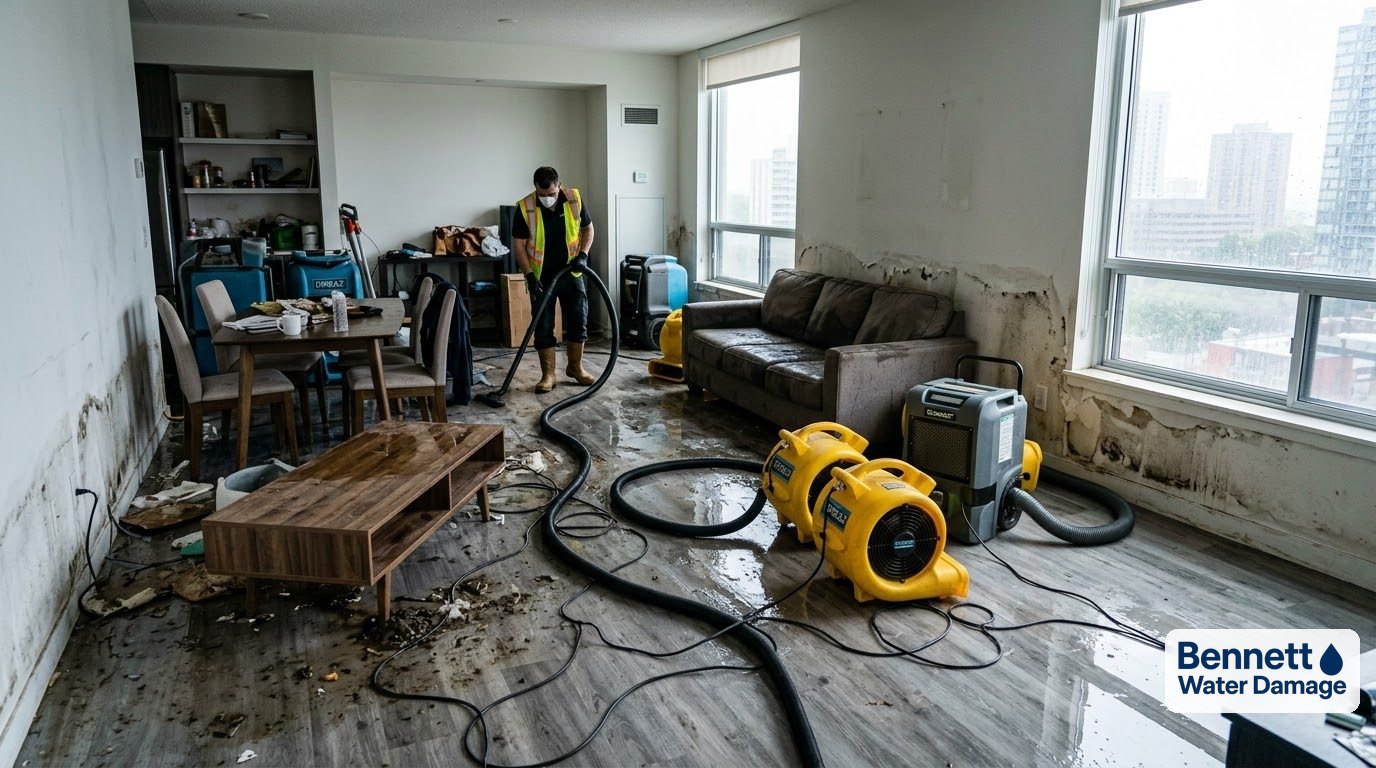 Worker extracting water from a flooded apartment with yellow air movers running – Water damage restoration in Denver