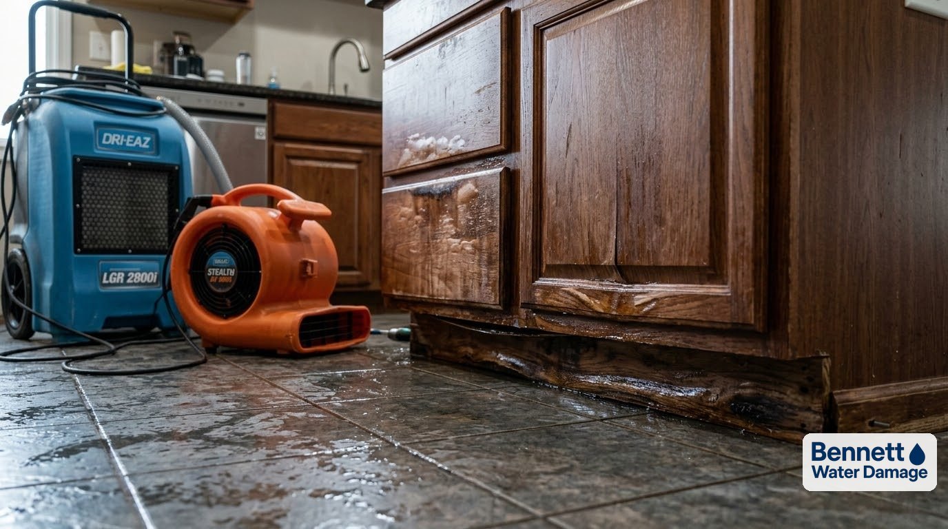 Dehumidifier and air mover drying swollen kitchen cabinets on a wet tile floor – Water damage restoration in Denver