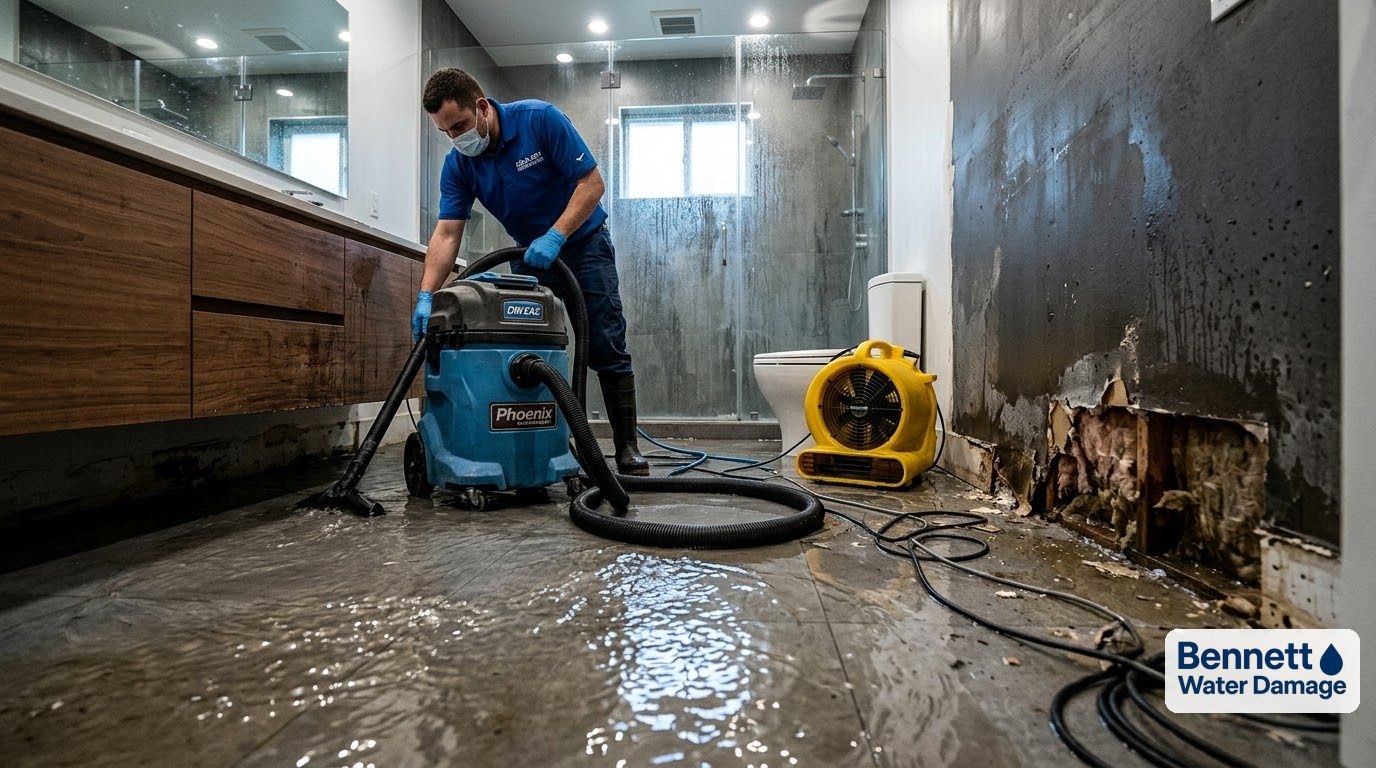 Technician vacuuming standing water from a flooded bathroom floor – Water damage restoration in Denver