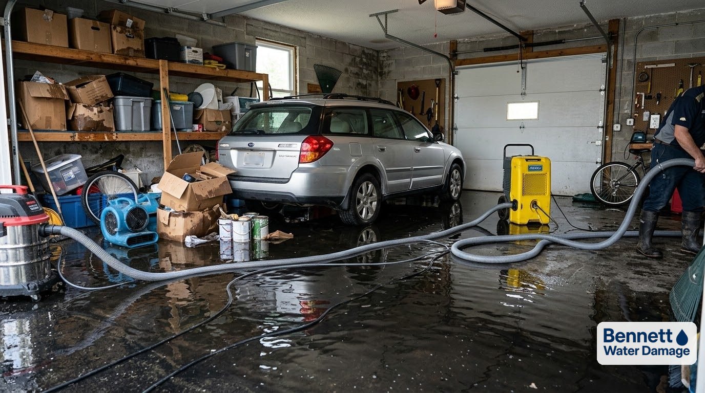 Flooded garage with a parked car, wet boxes and hoses pumping out water – Water damage restoration in Denver