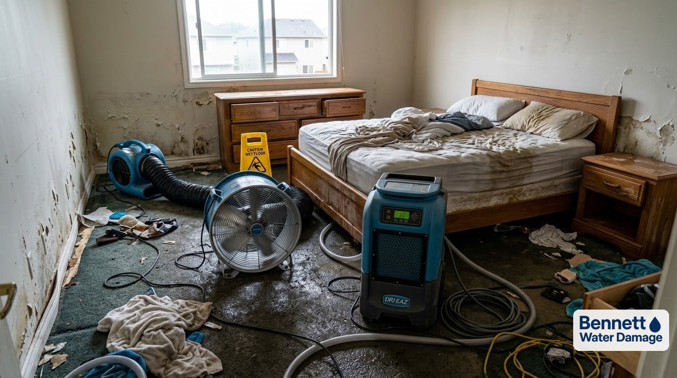Dehumidifier and fans drying a water-damaged bedroom with stained walls – Water damage restoration in Denver