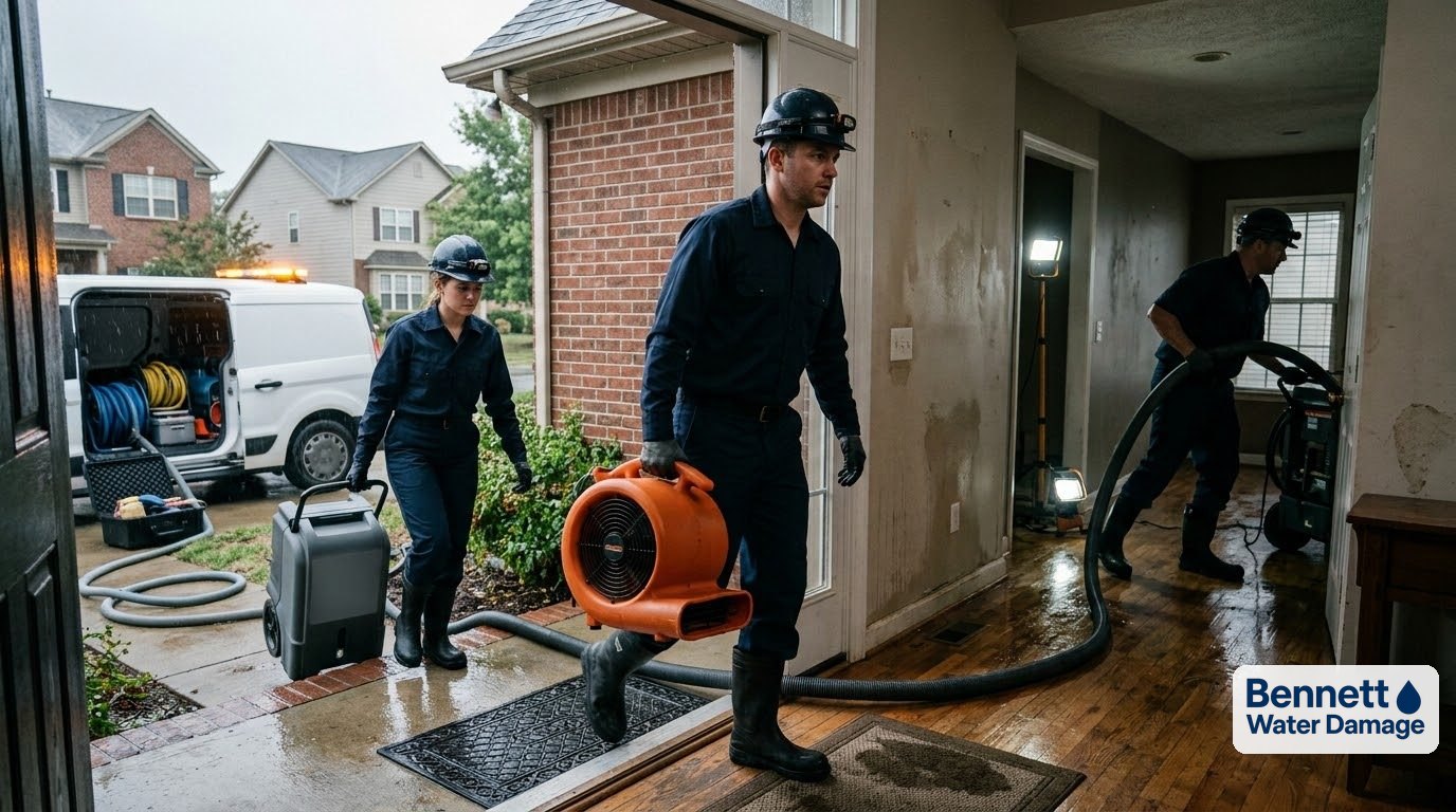 Crew carrying an air mover and extraction hose into a flooded home – Water damage restoration in Denver